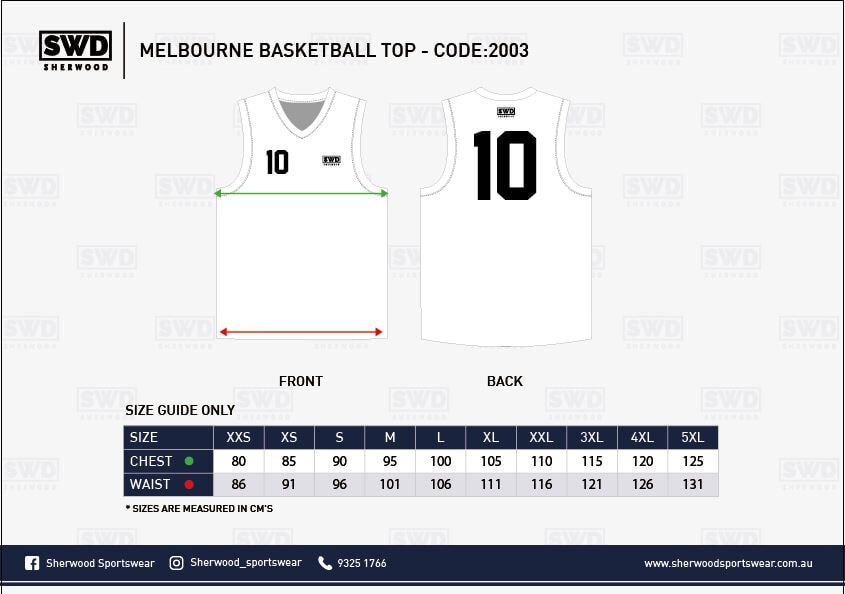 Melbourne Basketball Top - Size Chart